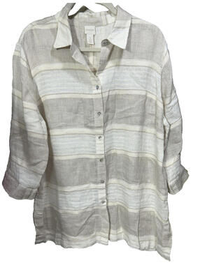 Chico’s Women's Sz 3 XL Linen Blend Stripe Tunic Top Button Up Relaxed Casual